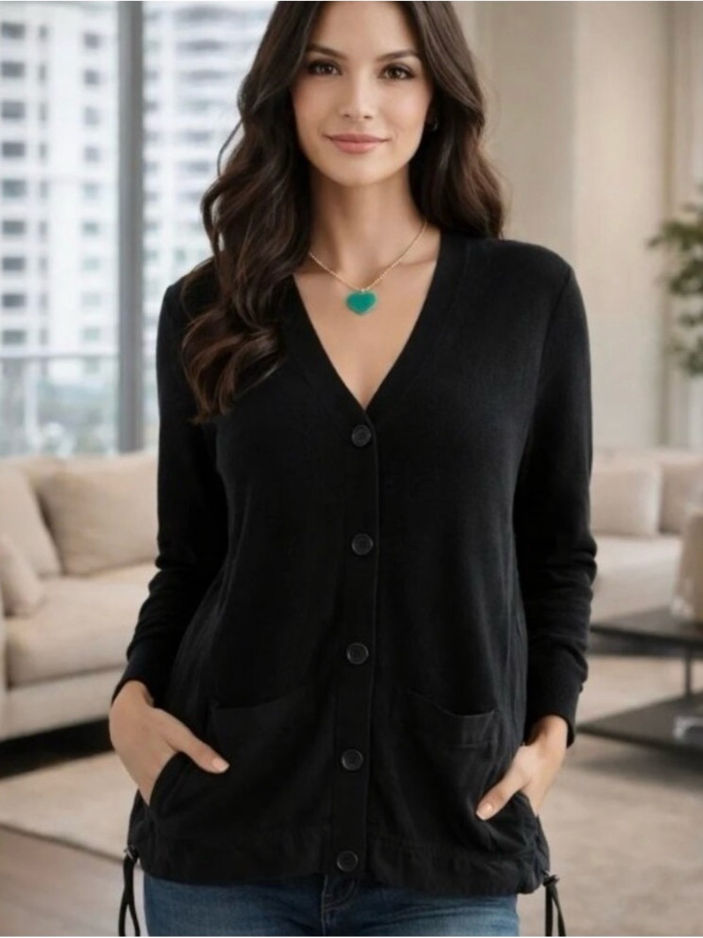 CAbi Windbreaker Cardigan #5143 Black V-Neck Button Cardigan